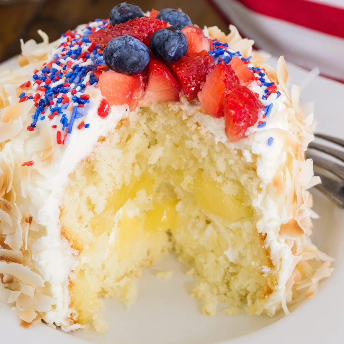 Layered Pineapple Coconut God Bless America Cake served chilled, tangy filling and berries