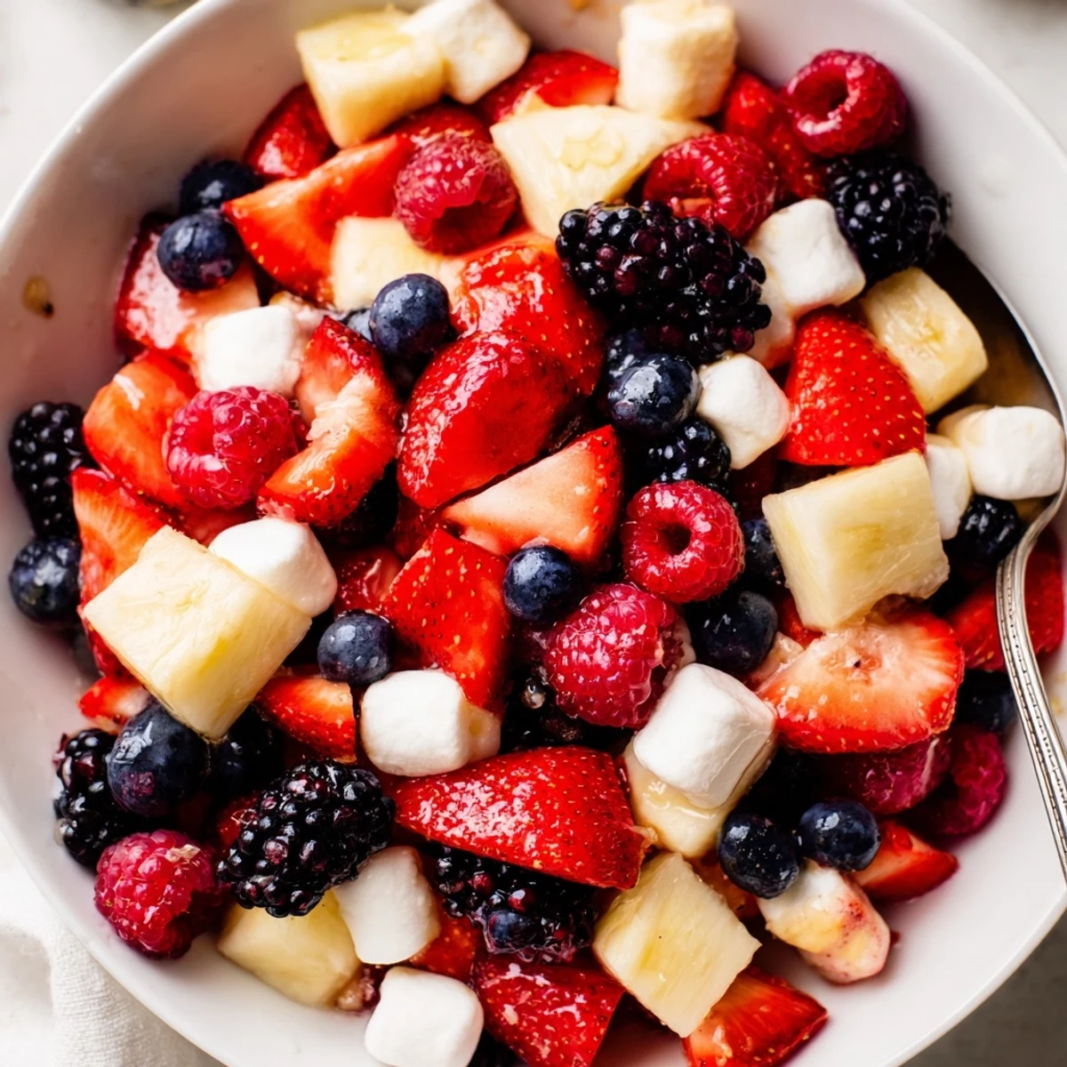 Red White And Blue Fruit Salad piled in a bowl, juicy, colorful.