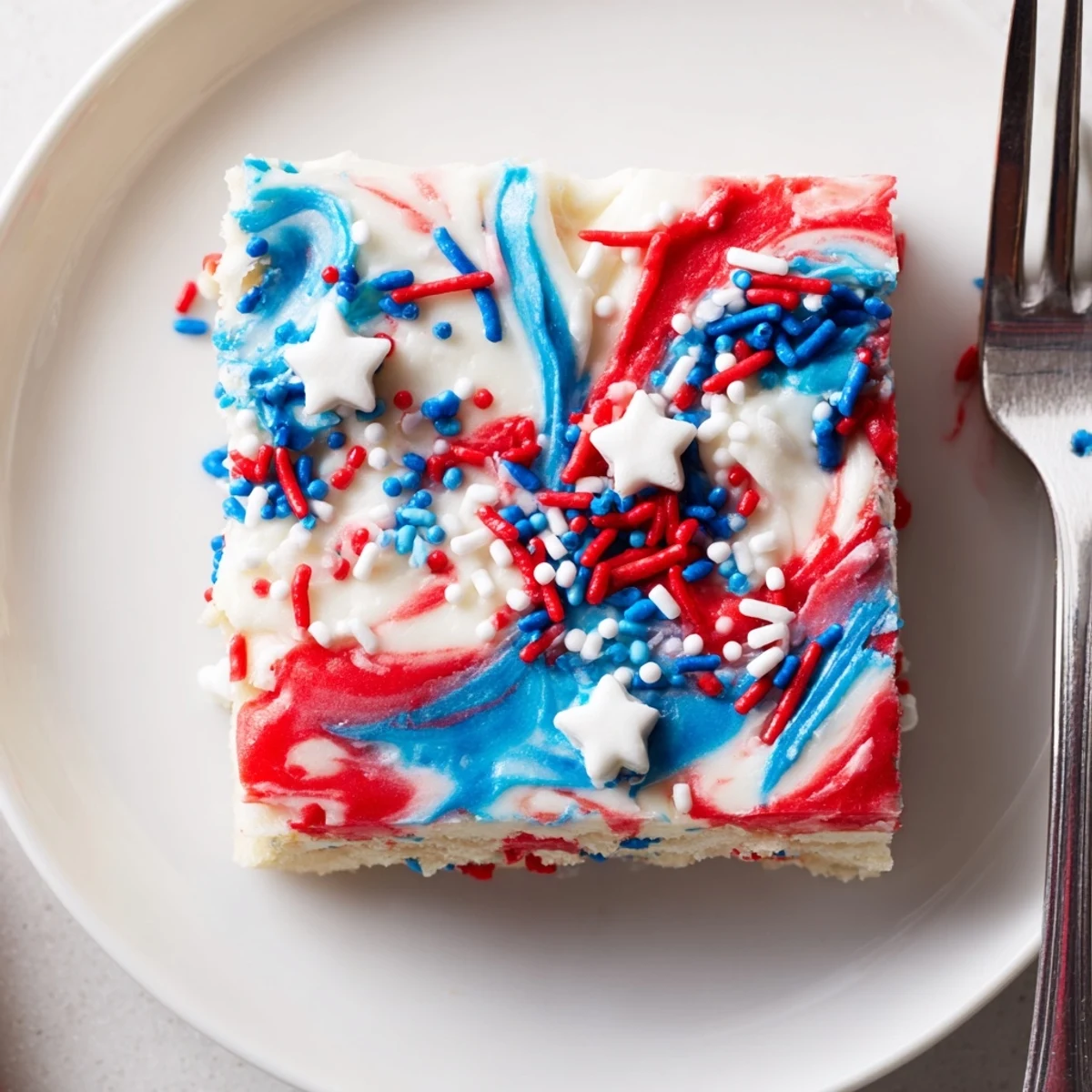 Buttery Patriotic Sugar Cookie Bars topped with swirled red, white, blue frosting