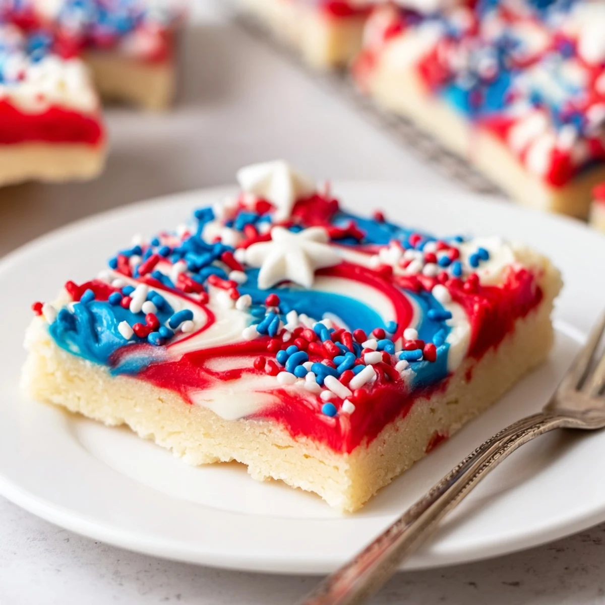 Fresh baked Patriotic Sugar Cookie Bars cooling on a rack, sprinkled with stars