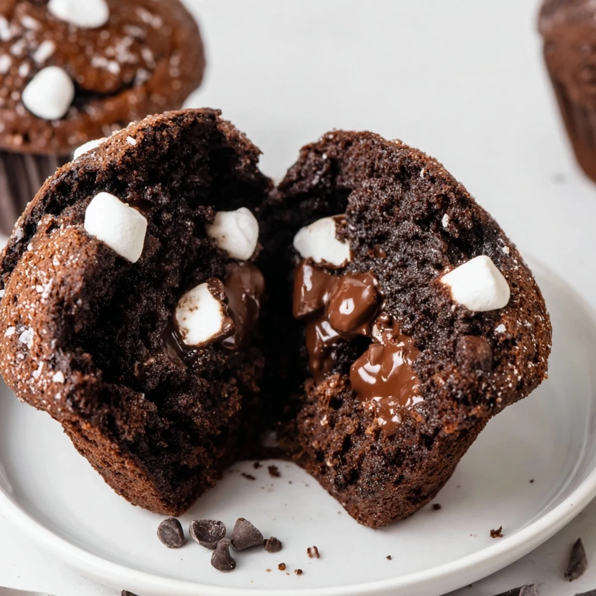 Peppermint Hot Chocolate Muffins resting on wire rack, steaming, chocolate chips melting