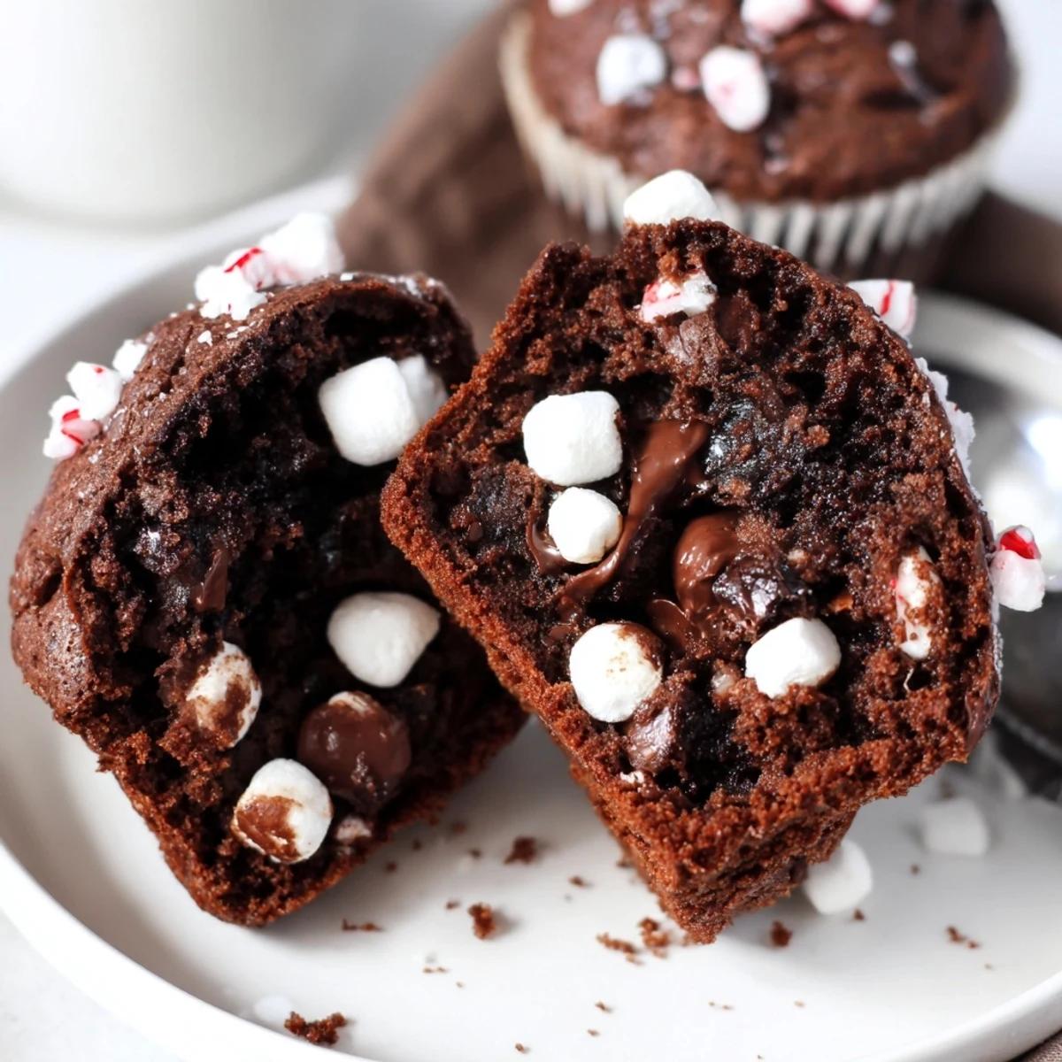 A platter of warm Peppermint Hot Chocolate Muffins topped with marshmallows and chips
