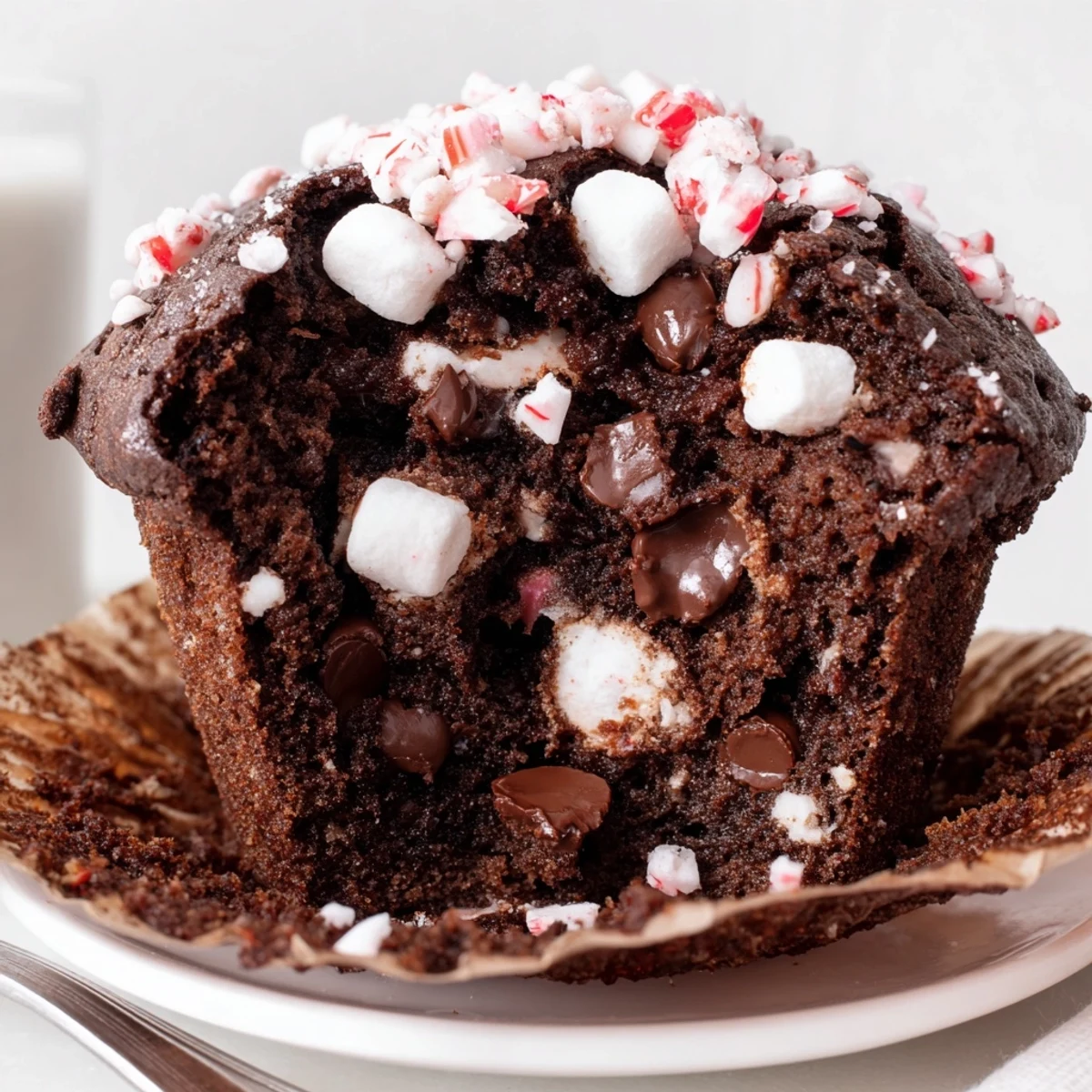 Warm Peppermint Hot Chocolate Muffins beside a mug, scent of cocoa and crushed peppermint