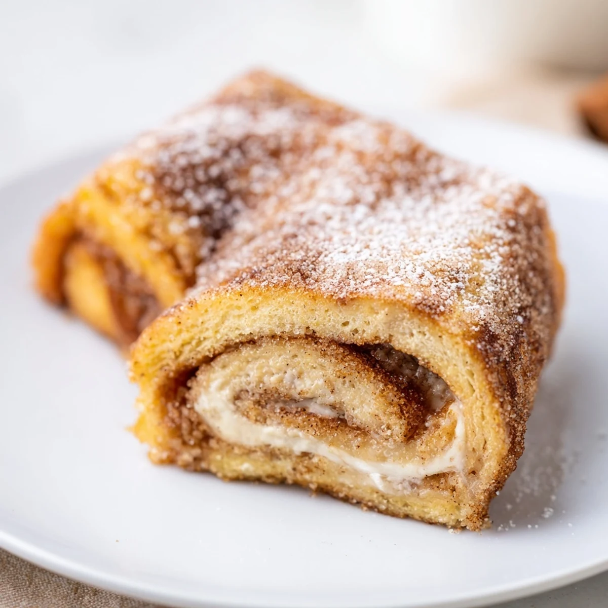 Stacked Cinnamon Roll French Toast Roll Ups on plate, drizzled with maple syrup