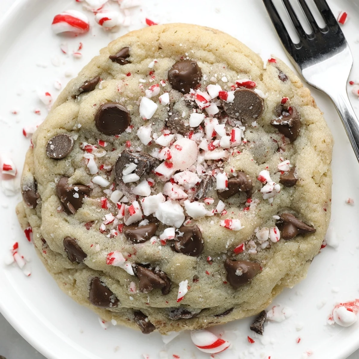 A plate of Peppermint Chocolate Chip Cookies with glossy chips and crushed candy canes
