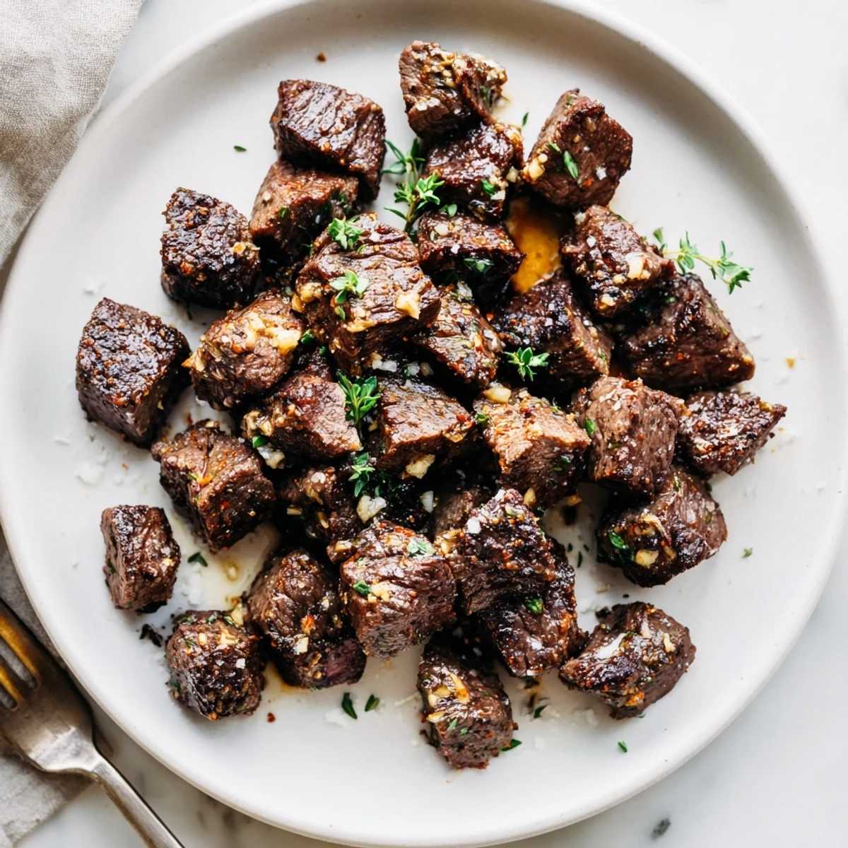 Garlic Butter Steak Bites sizzling in a cast-iron pan, golden crust