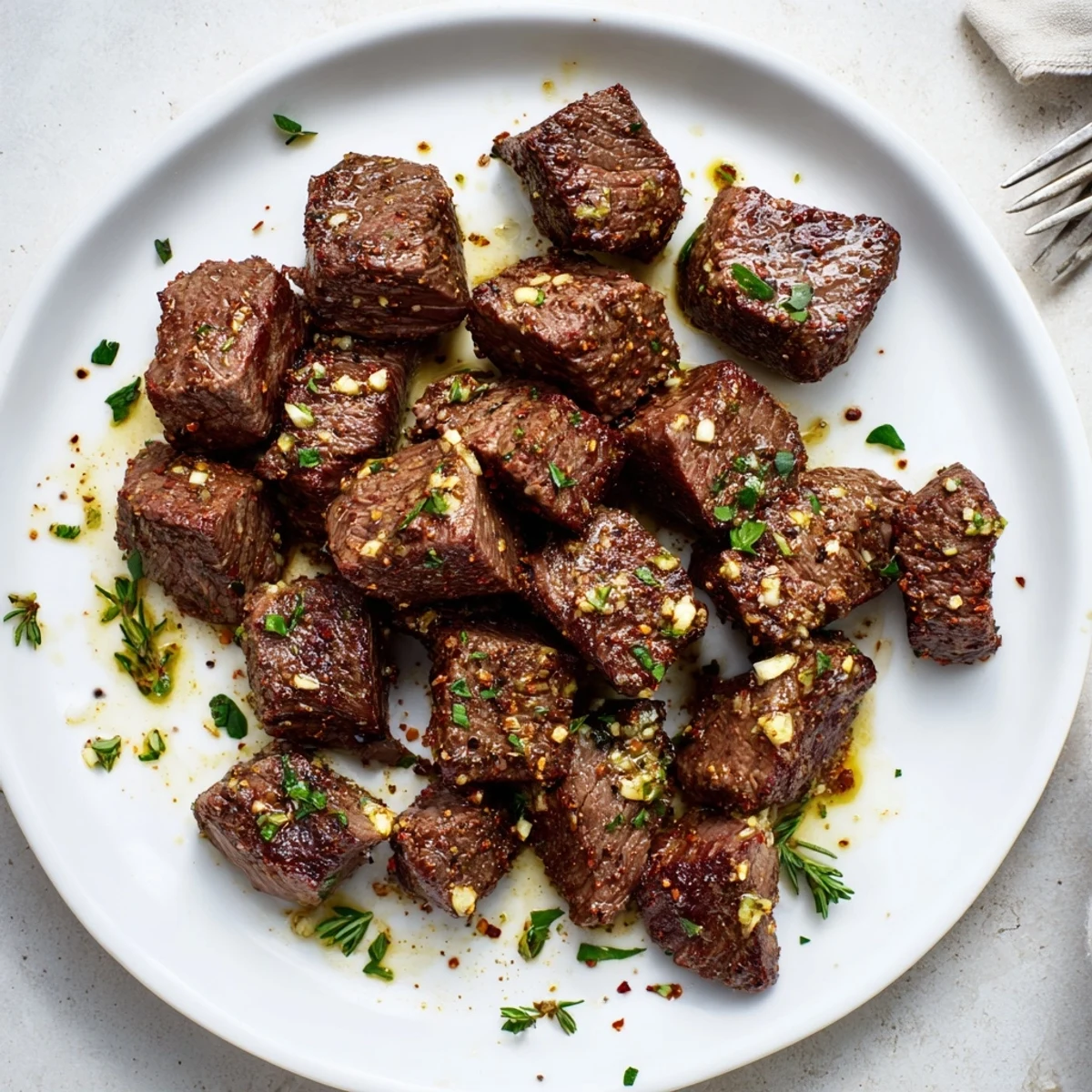 Close-up of Garlic Butter Steak Bites—tender cubes glazed with fragrant garlic