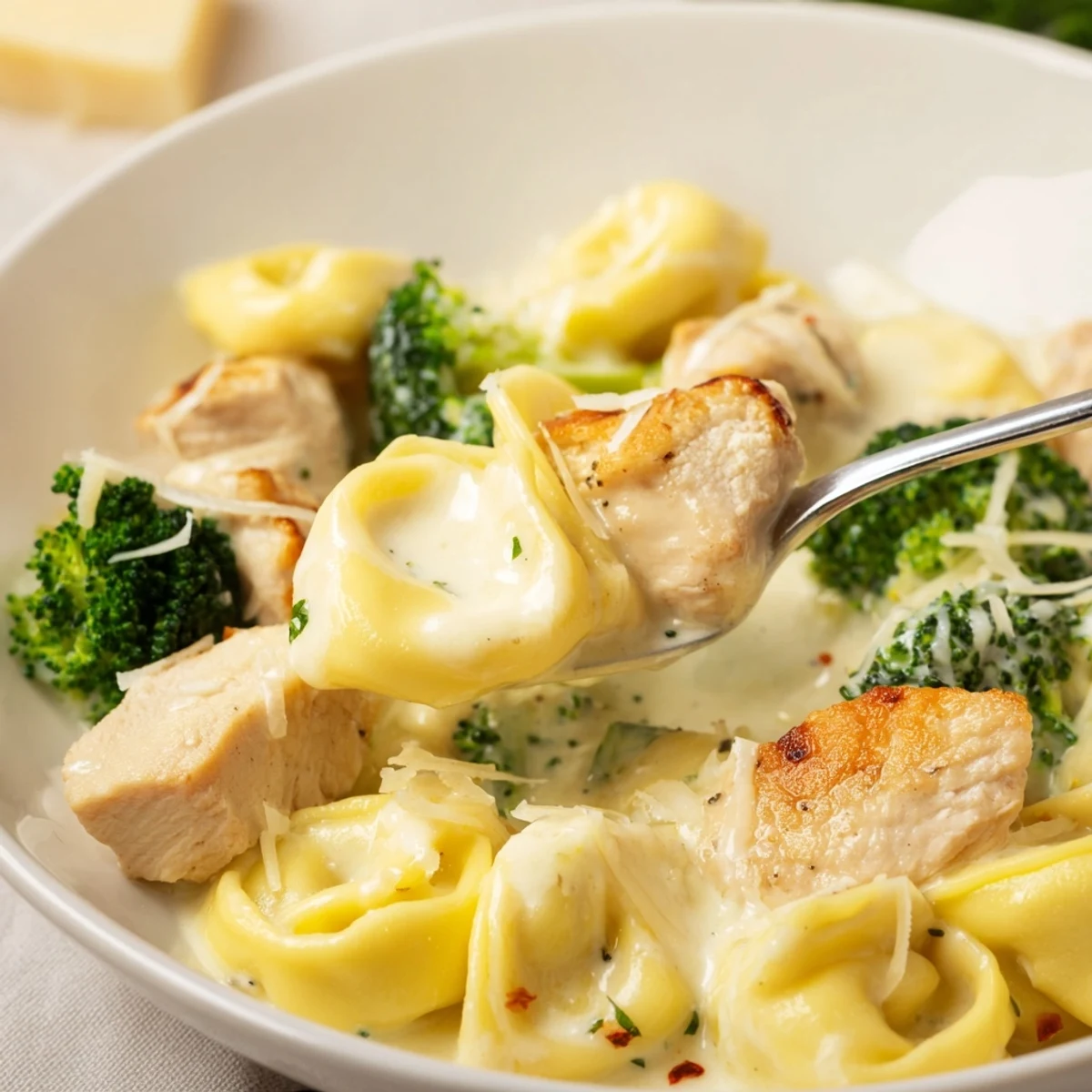 Spoonful of Creamy Garlic Parmesan Tortellini Chicken Broccoli Recipe with tender pasta, crisp broccoli