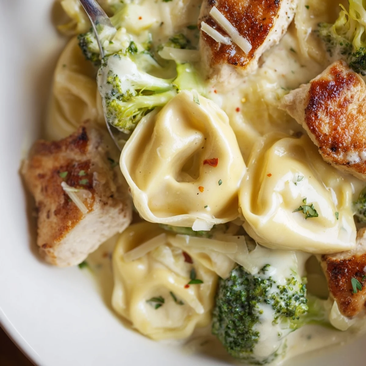 Weeknight Creamy Garlic Parmesan Tortellini Chicken Broccoli Recipe tossed in silky sauce, garnished parsley