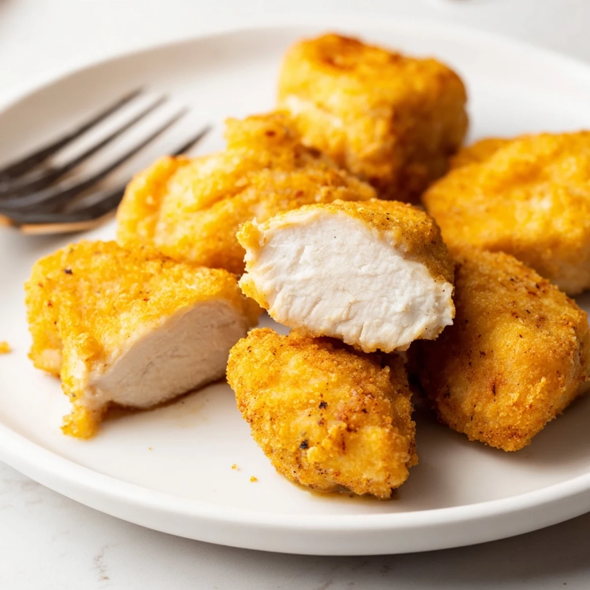 Crispy golden Chicken Bites steaming on a platter with ranch dipping sauce