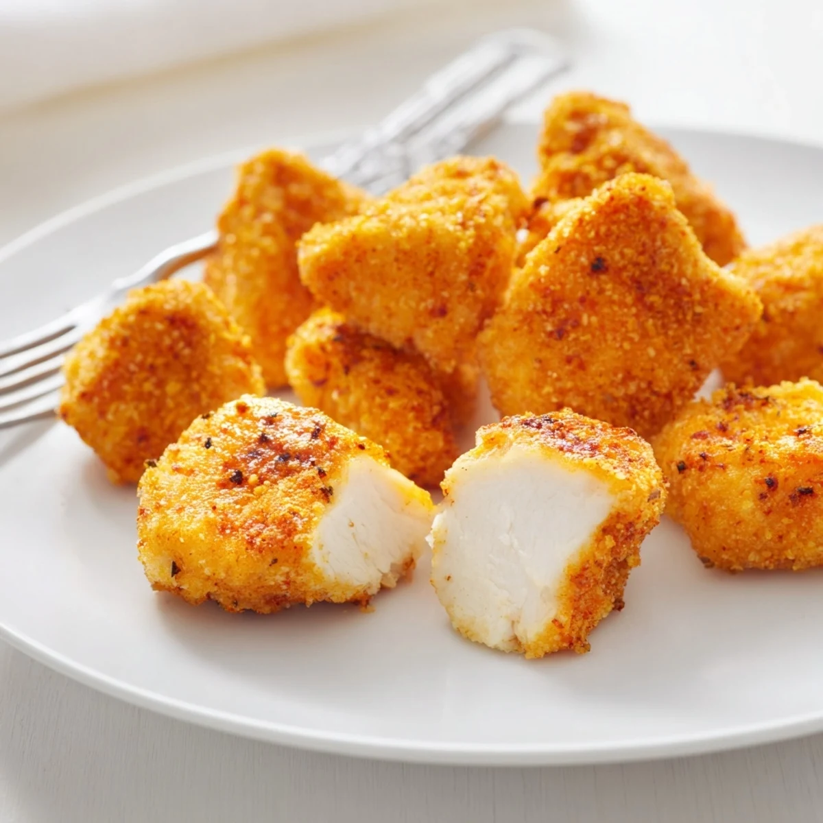 Buttermilk-marinated Chicken Bites, crunchy crusted pieces piled with honey mustard