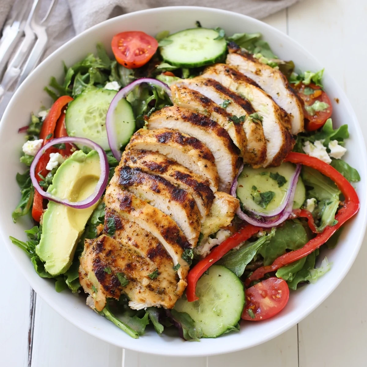 Charred sliced chicken over mixed greens in Grilled Chicken Salad Avocado Herb Dressing Recipe