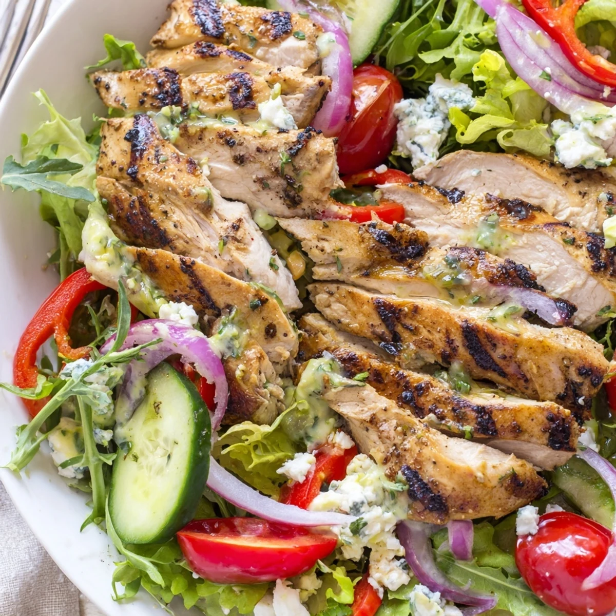 Grilled Chicken Salad Avocado Herb Dressing Recipe drizzled creamy lime-avocado dressing, bright cherry tomatoes