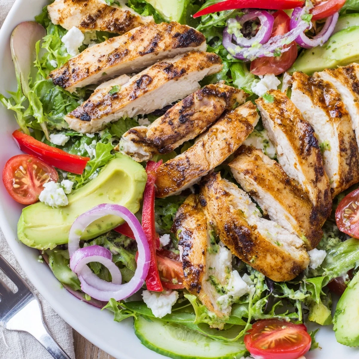 Warm smoky chicken slices crown greens in Grilled Chicken Salad Avocado Herb Dressing Recipe
