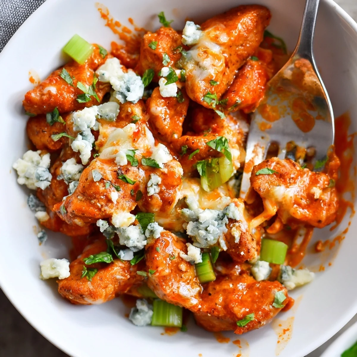 Keto Buffalo Chicken Skillet sizzling in a pan, creamy sauce and melted cheese