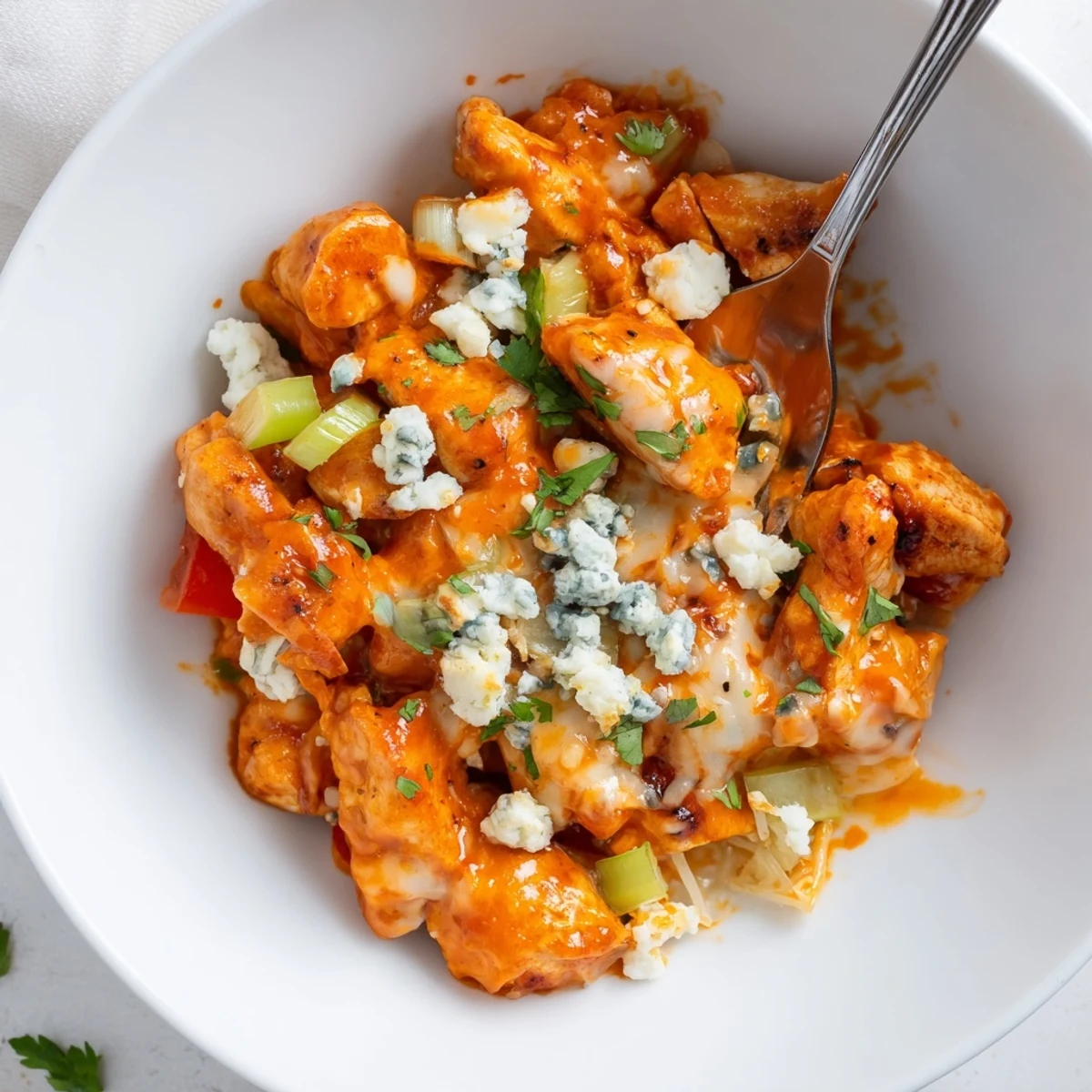 Bowl of Keto Buffalo Chicken Skillet with tender chicken, spicy tangy sauce