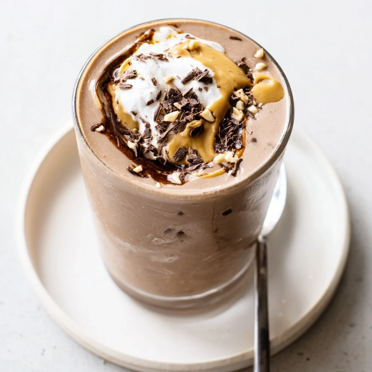 Chocolate Peanut Butter Smoothie poured into glass, creamy, topped with crushed peanuts.