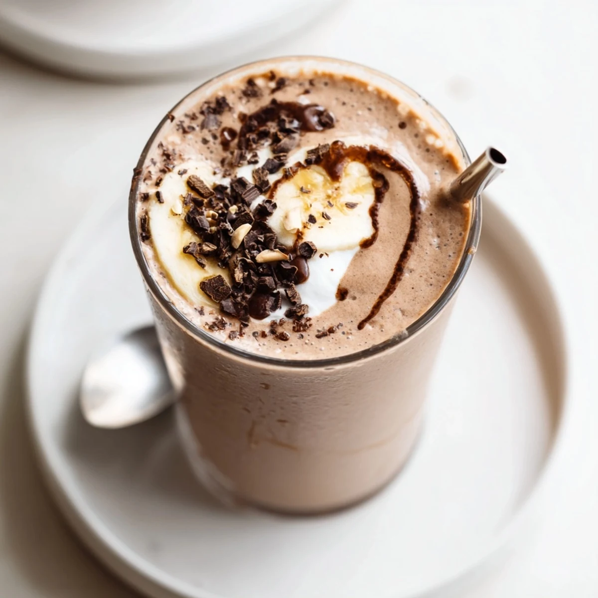 A thick Chocolate Peanut Butter Smoothie swirling in blender, rich chocolaty aroma.