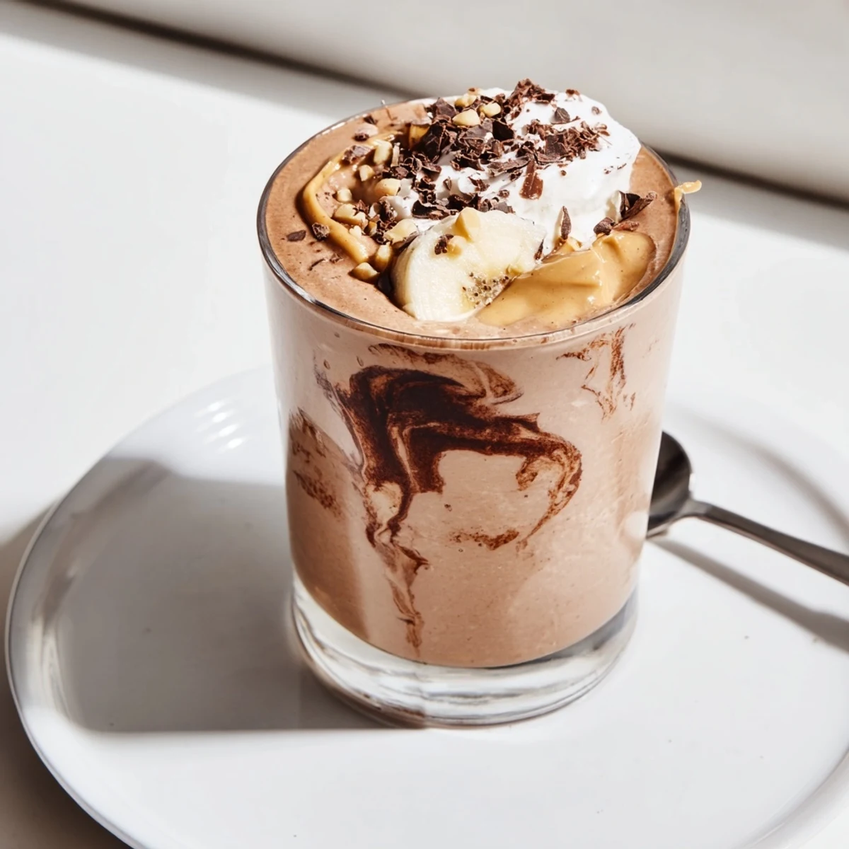 Chocolate Peanut Butter Smoothie garnished with whipped cream, chocolate shavings, ready to enjoy.