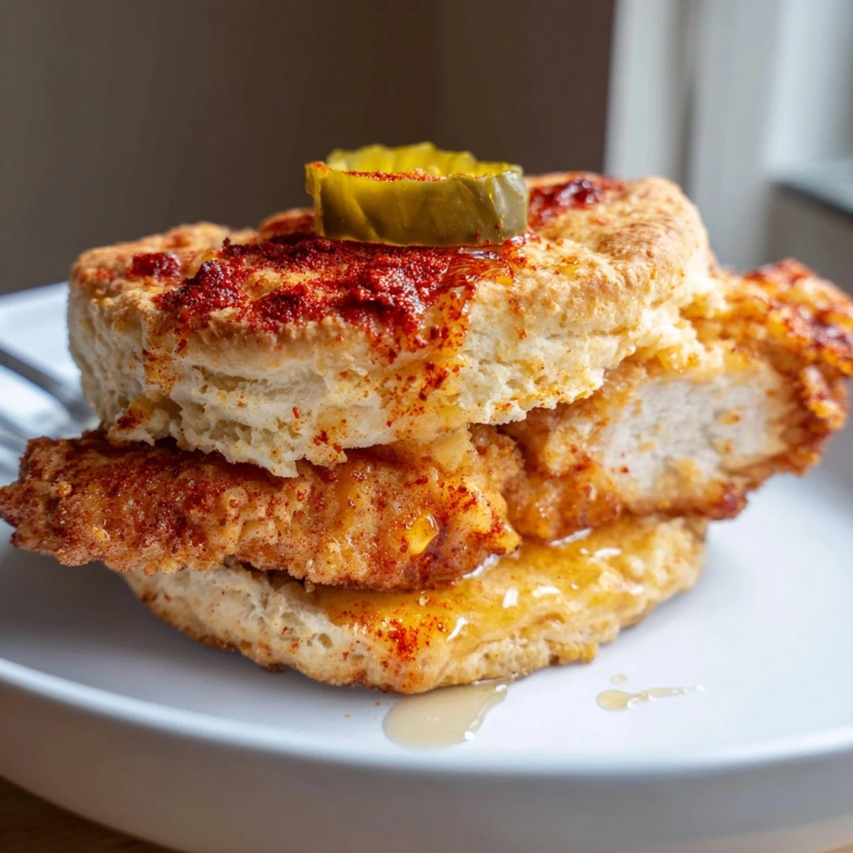 Hot Honey Chicken Biscuits with crispy fried chicken and warm honey drizzle.