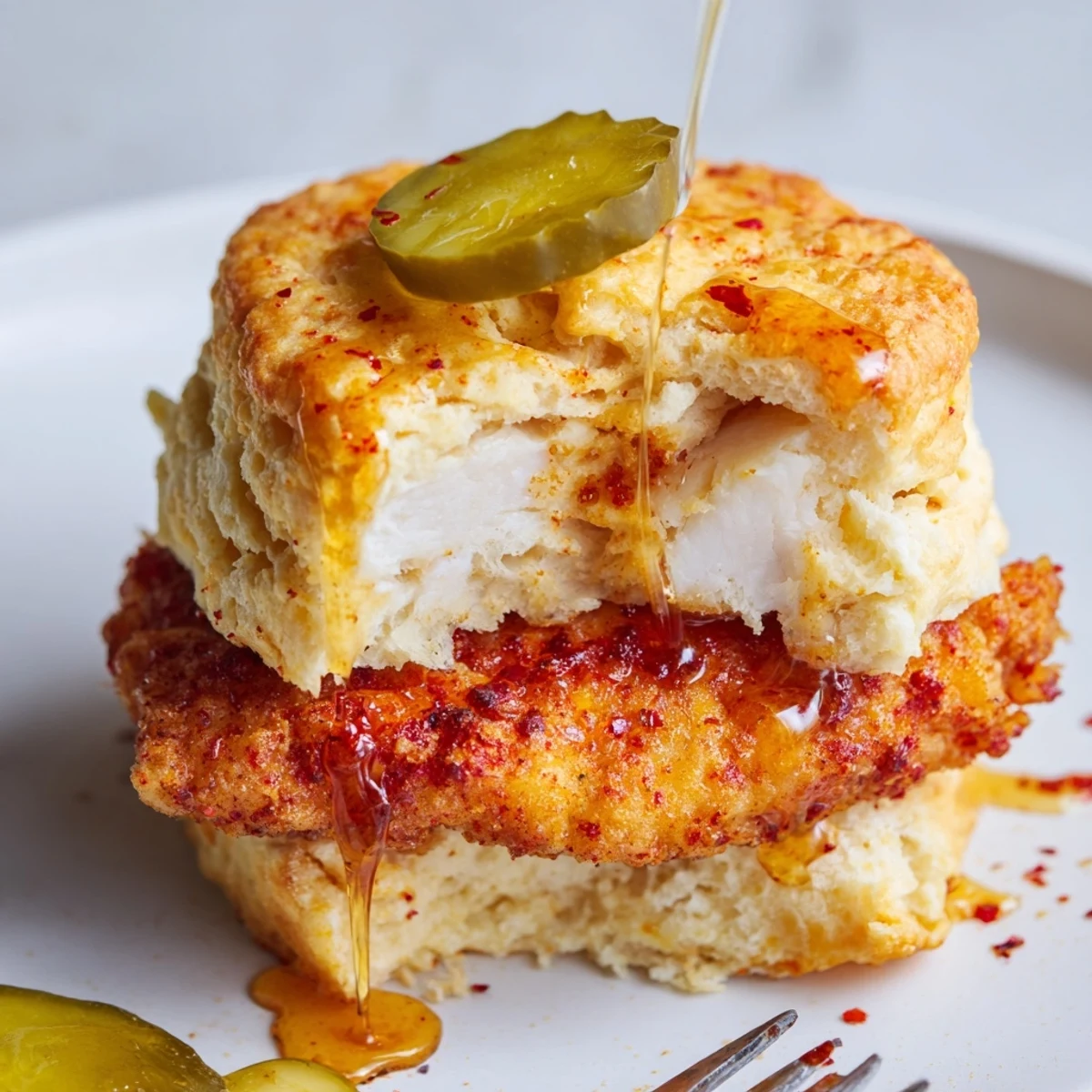 Split-open Hot Honey Chicken Biscuits reveal fluffy buttermilk biscuit, spicy-sweet filling.