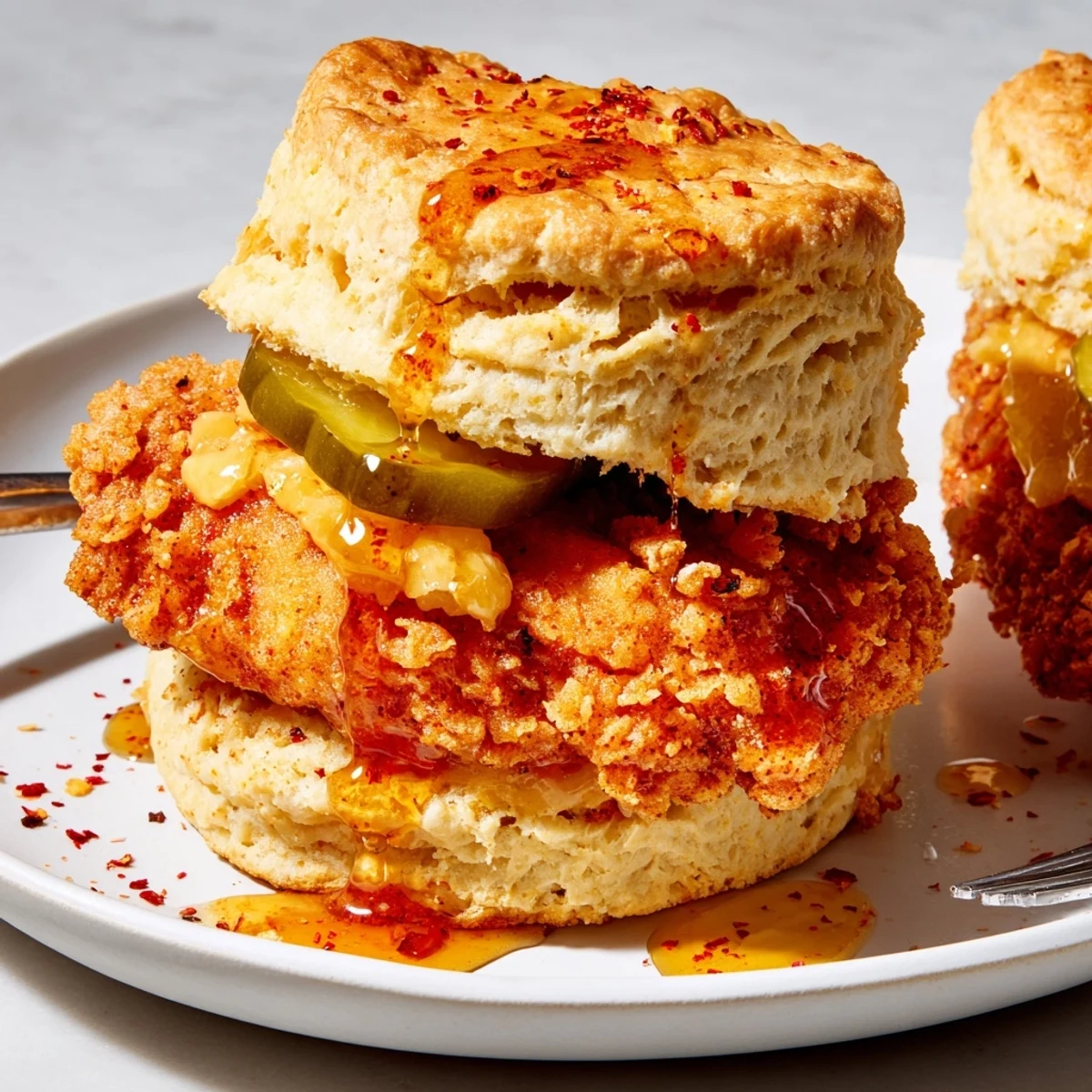 A plate of Hot Honey Chicken Biscuits topped with pickles, buttery biscuit sheen.