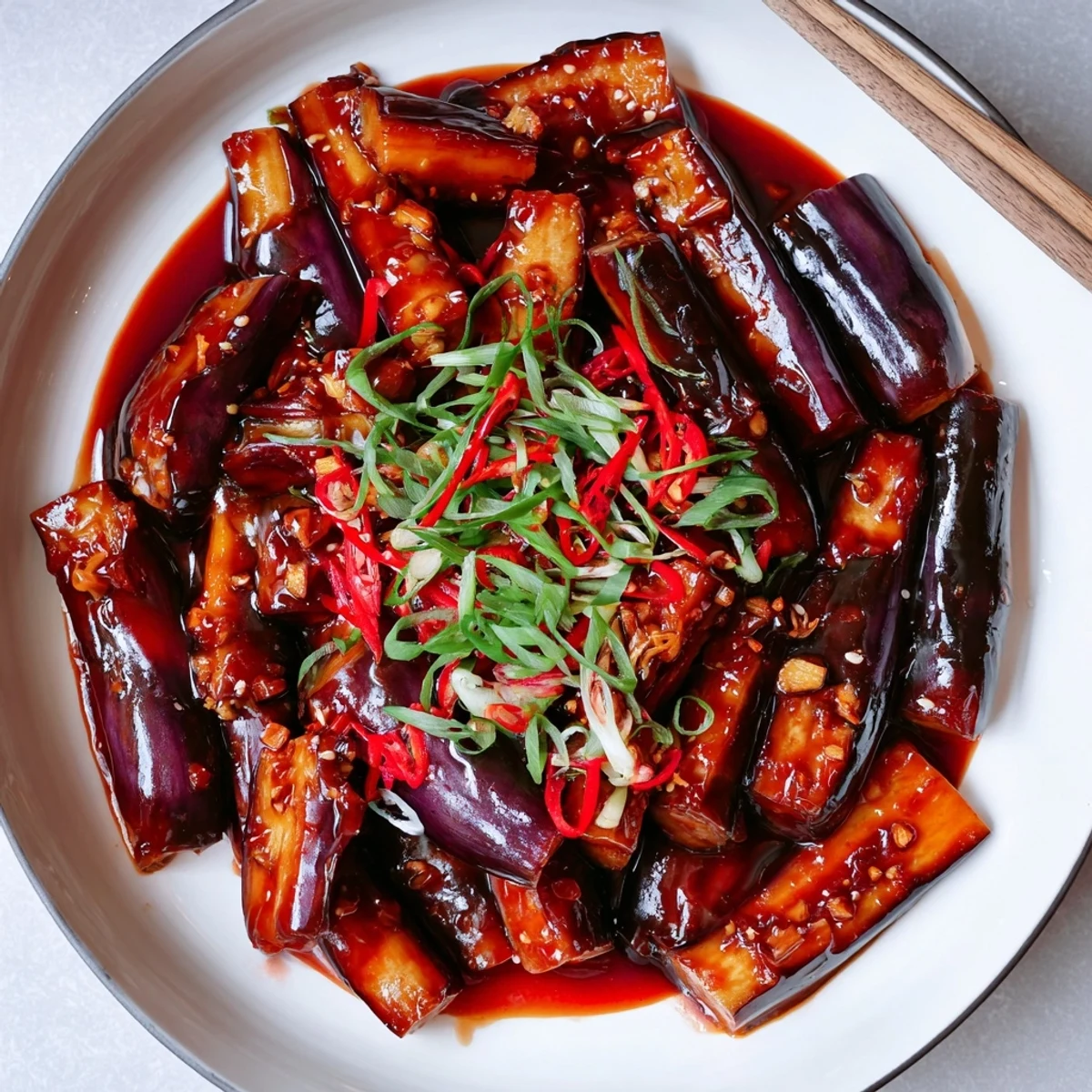 Plate of Sichuan Style Braised Aubergines topped with toasted scallions and sesame