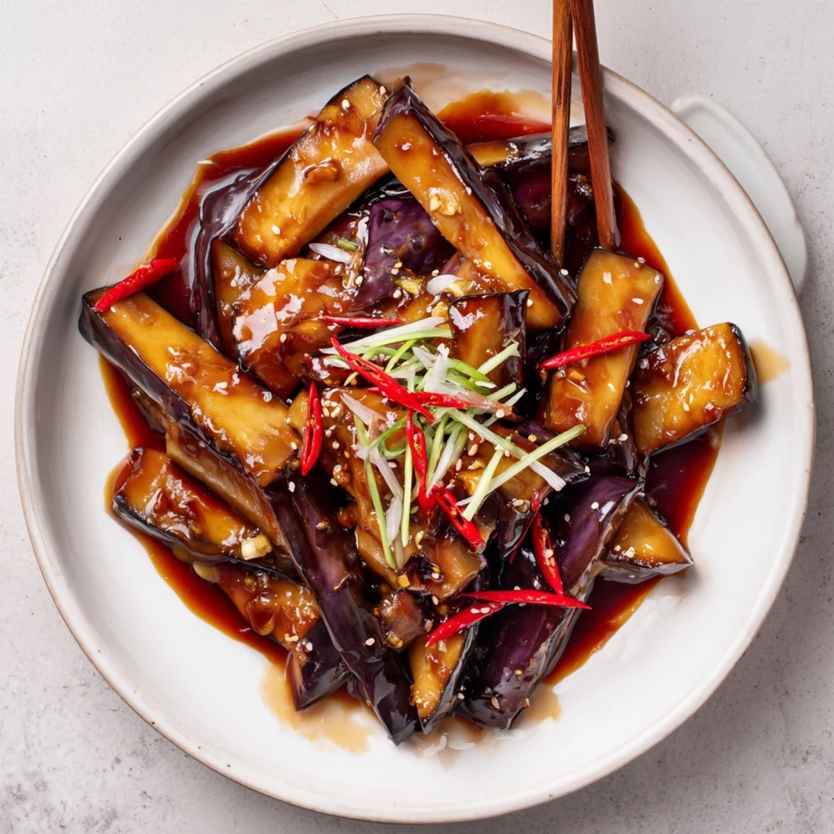 Tender Sichuan Style Braised Aubergines simmering in aromatic chili and ginger sauce
