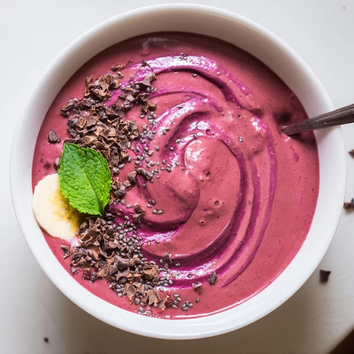 Thick Chocolate Beet Smoothie swirled with banana and almond milk, vibrant magenta color