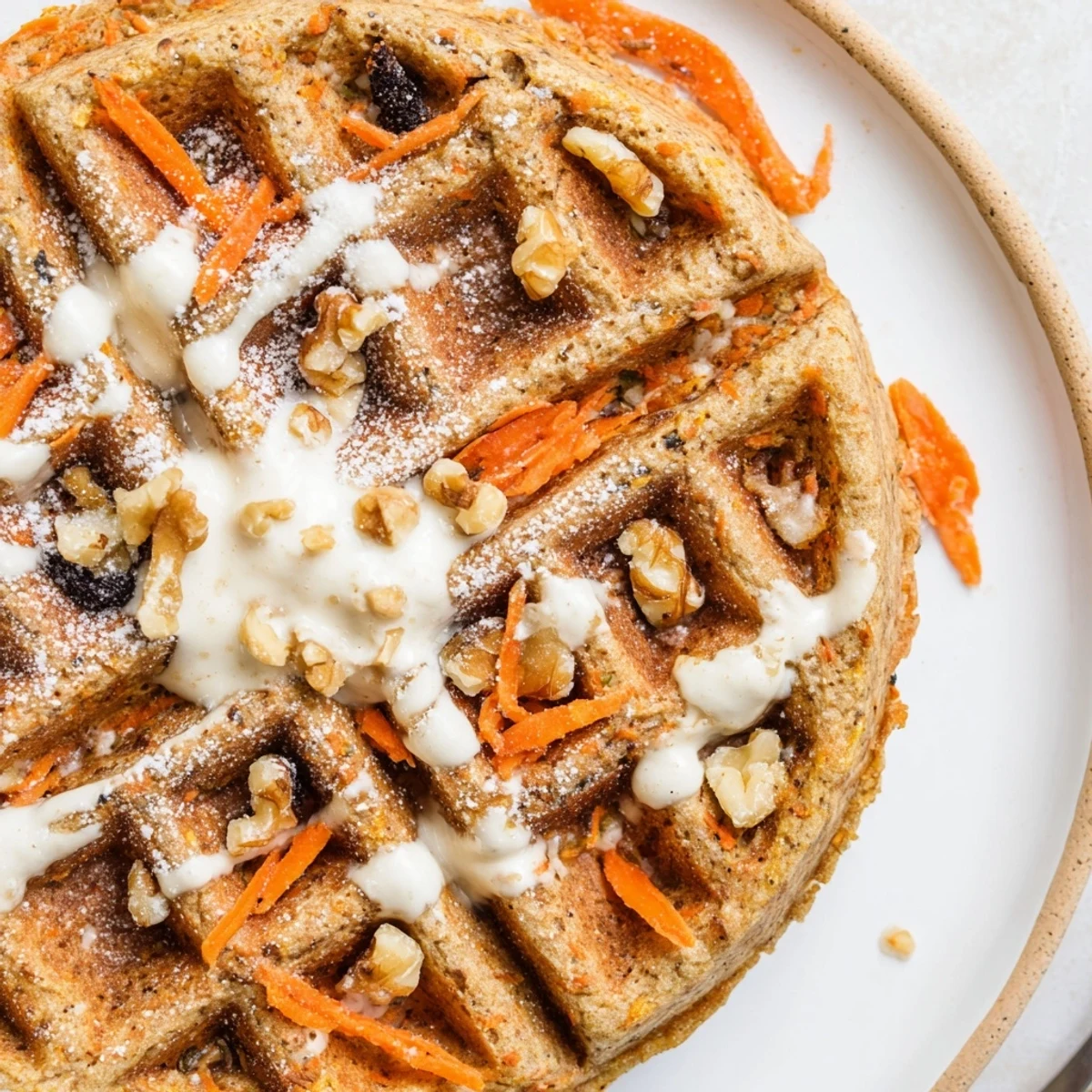 Carrot Cake Waffles stacked, golden brown, spiced aroma, drizzled cream cheese glaze