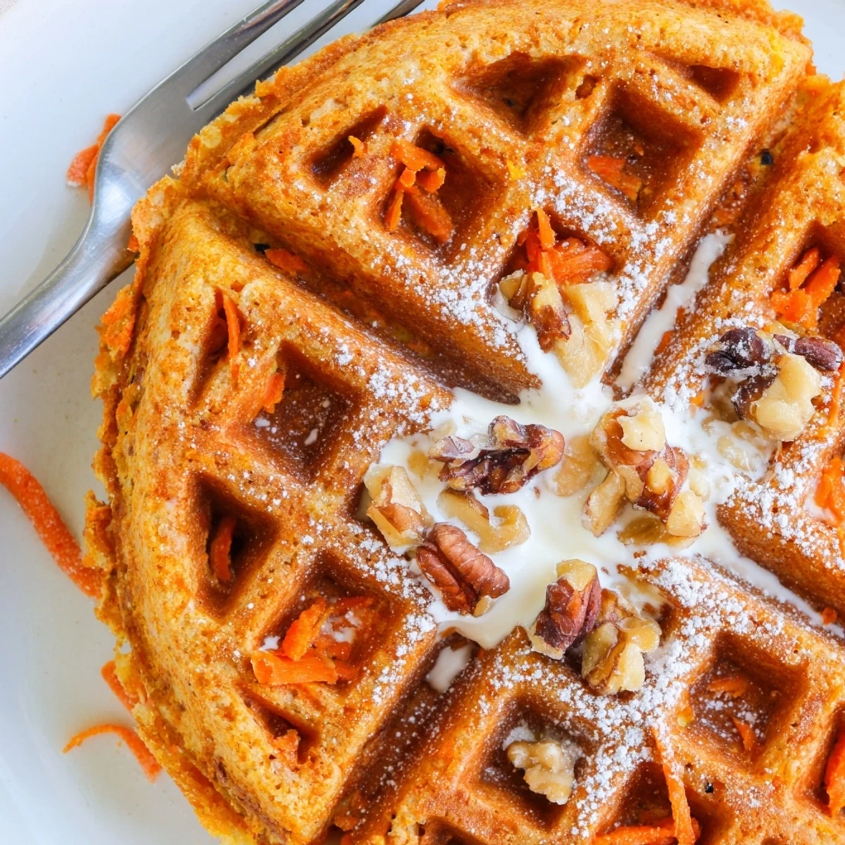 Warm Carrot Cake Waffles dotted with grated carrot and toasted pecans