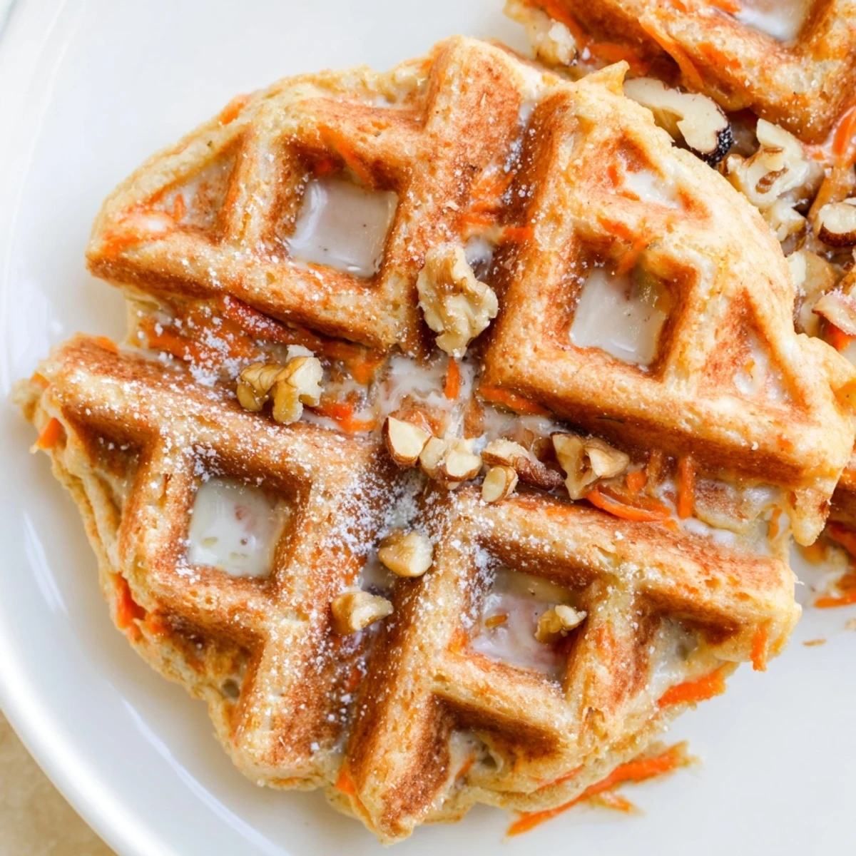 Crispy Carrot Cake Waffles served on plate with maple syrup drizzle