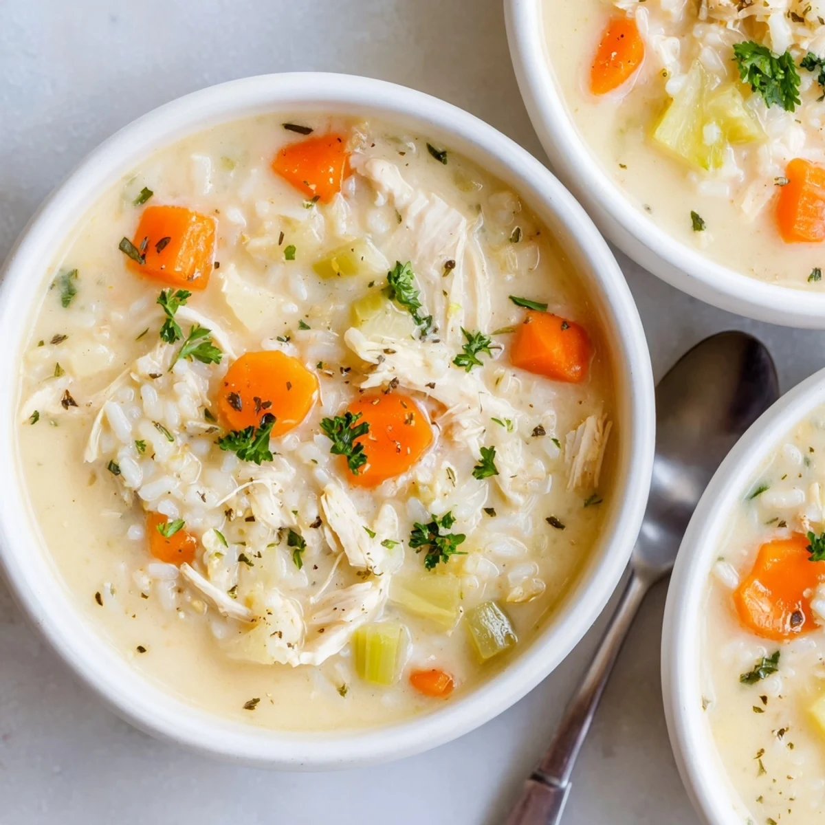 Creamy Chicken Rice Soup steaming in a bowl, tender chicken and rice
