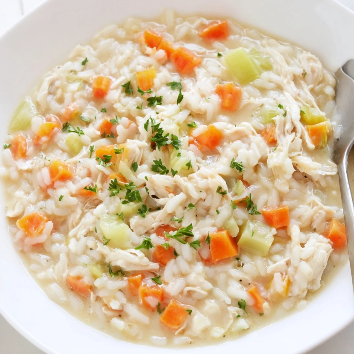 Creamy Chicken Rice Soup served with crusty bread, warm bowl for cozy nights