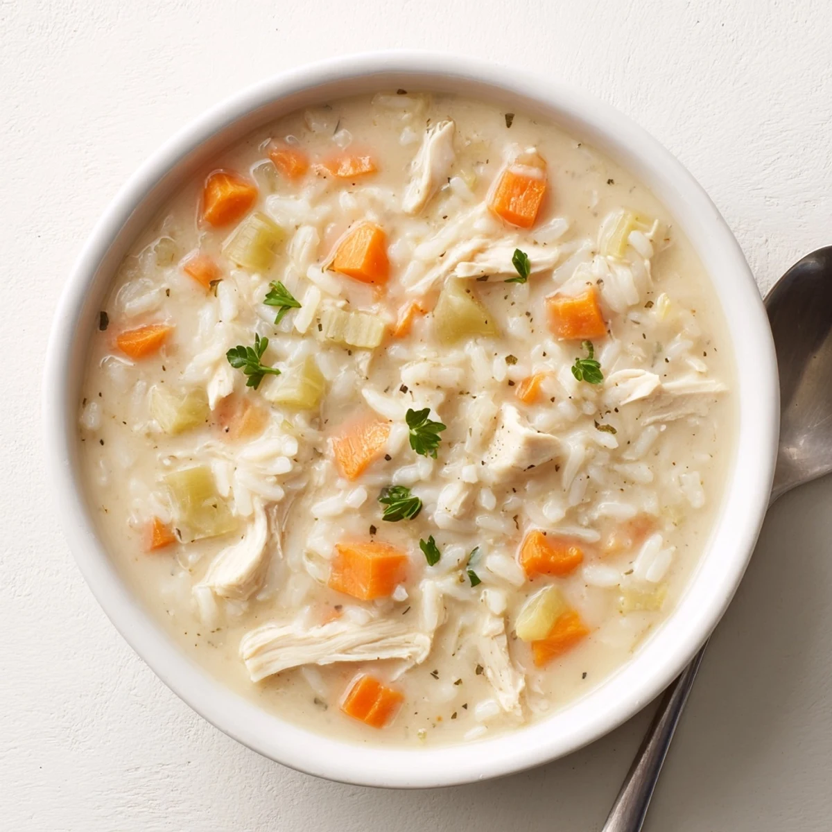 Spoonful of Creamy Chicken Rice Soup showcasing tender rice, carrots, and herbs