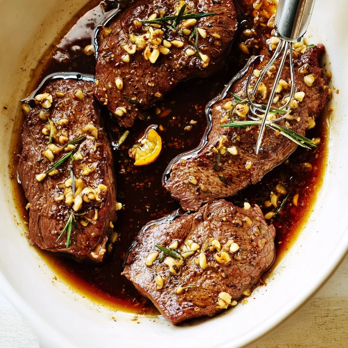 Steak Marinade glistening on raw ribeyes, garlic aroma and herbs  