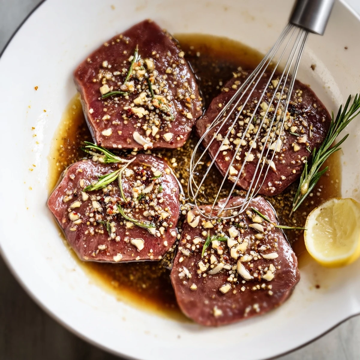 Homemade Steak Marinade whisked in bowl, tangy balsamic and lemon  