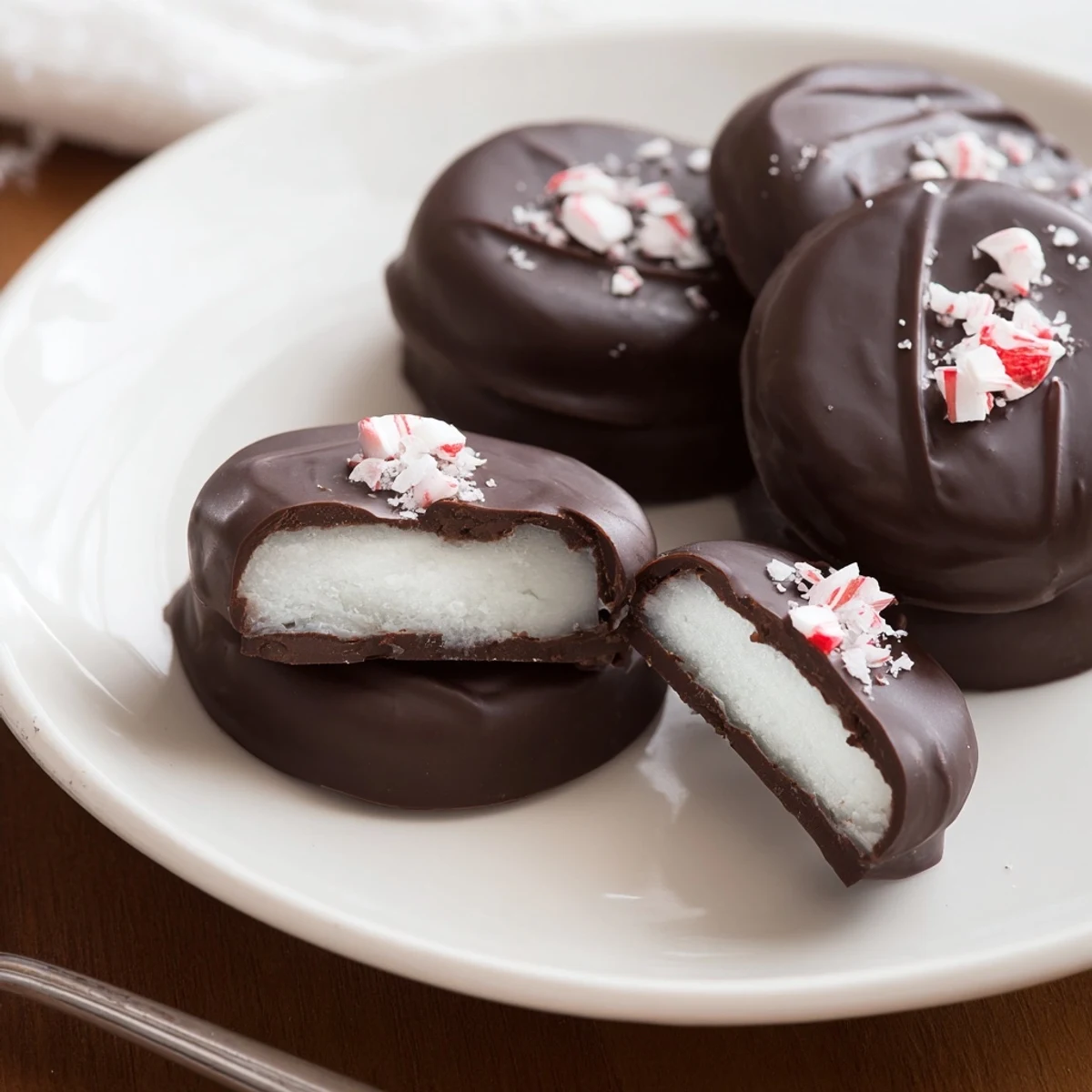 Stack of Peppermint Patties showing creamy mint interior, contrasted by dark chocolate