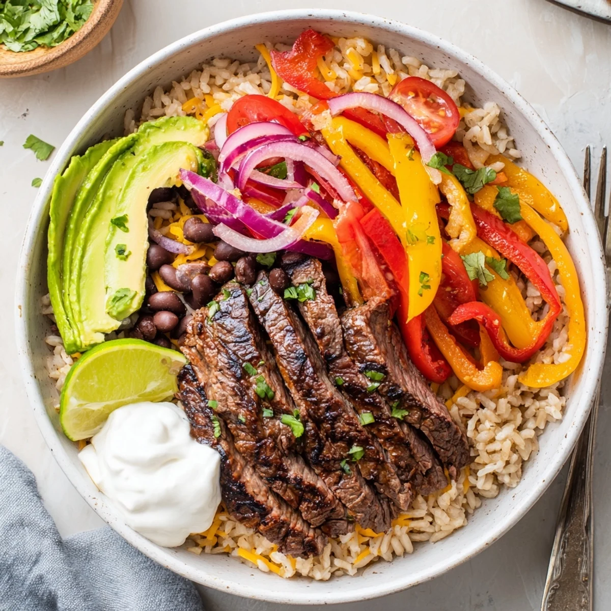 Bright Steak Fajita Power Bowls layered with fluffy brown rice, black beans, cilantro