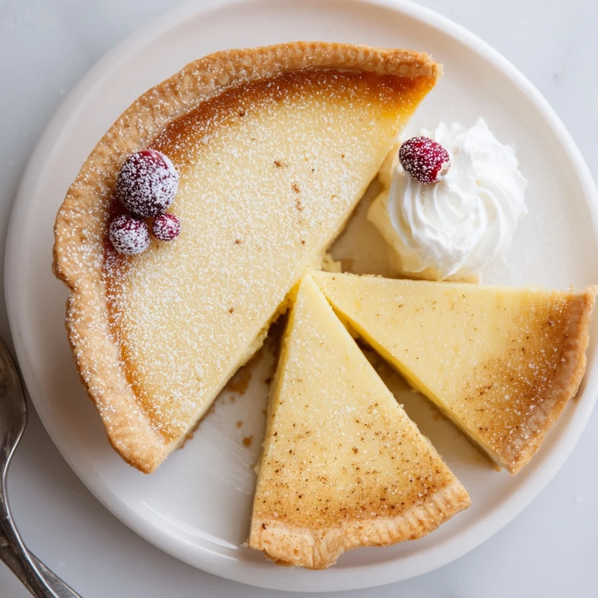 Slice of Christmas Eve Custard Pie With Cinnamon Vanilla topped with powdered sugar.