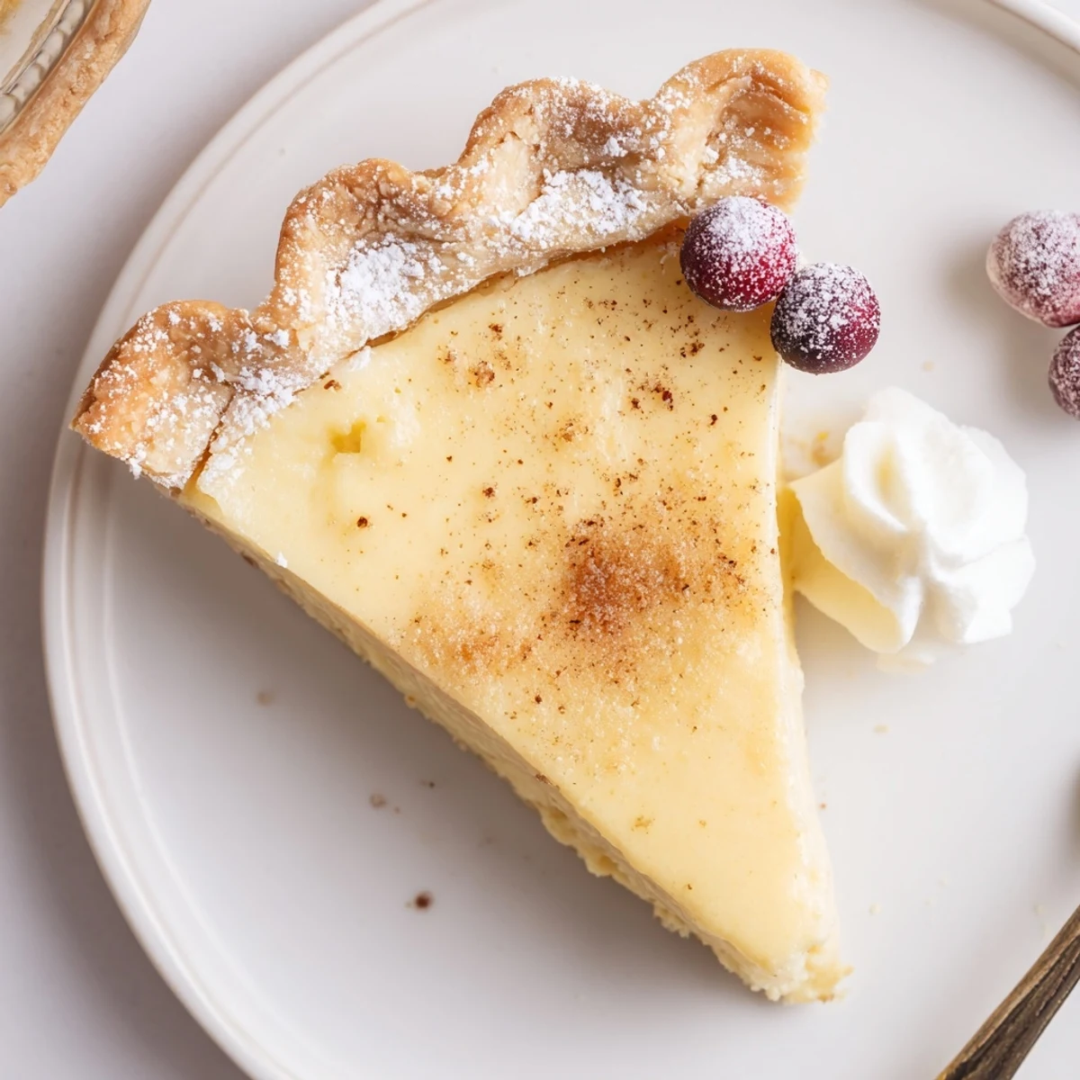 Warm aroma of spices surrounds Christmas Eve Custard Pie With Cinnamon Vanilla, oven-warm.