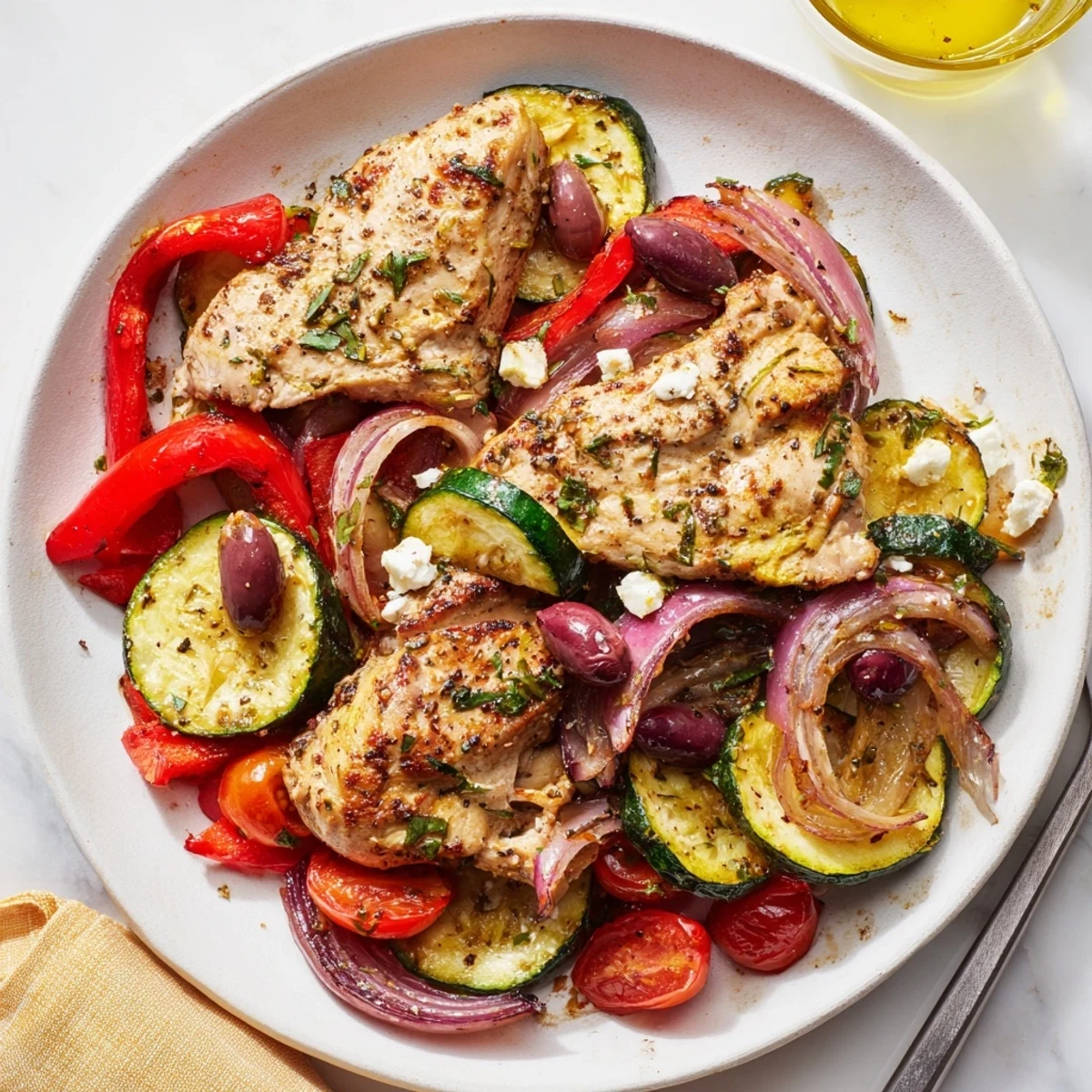 Sheet Pan Mediterranean Chicken Zucchini roasting with fragrant lemon, olives, and feta.