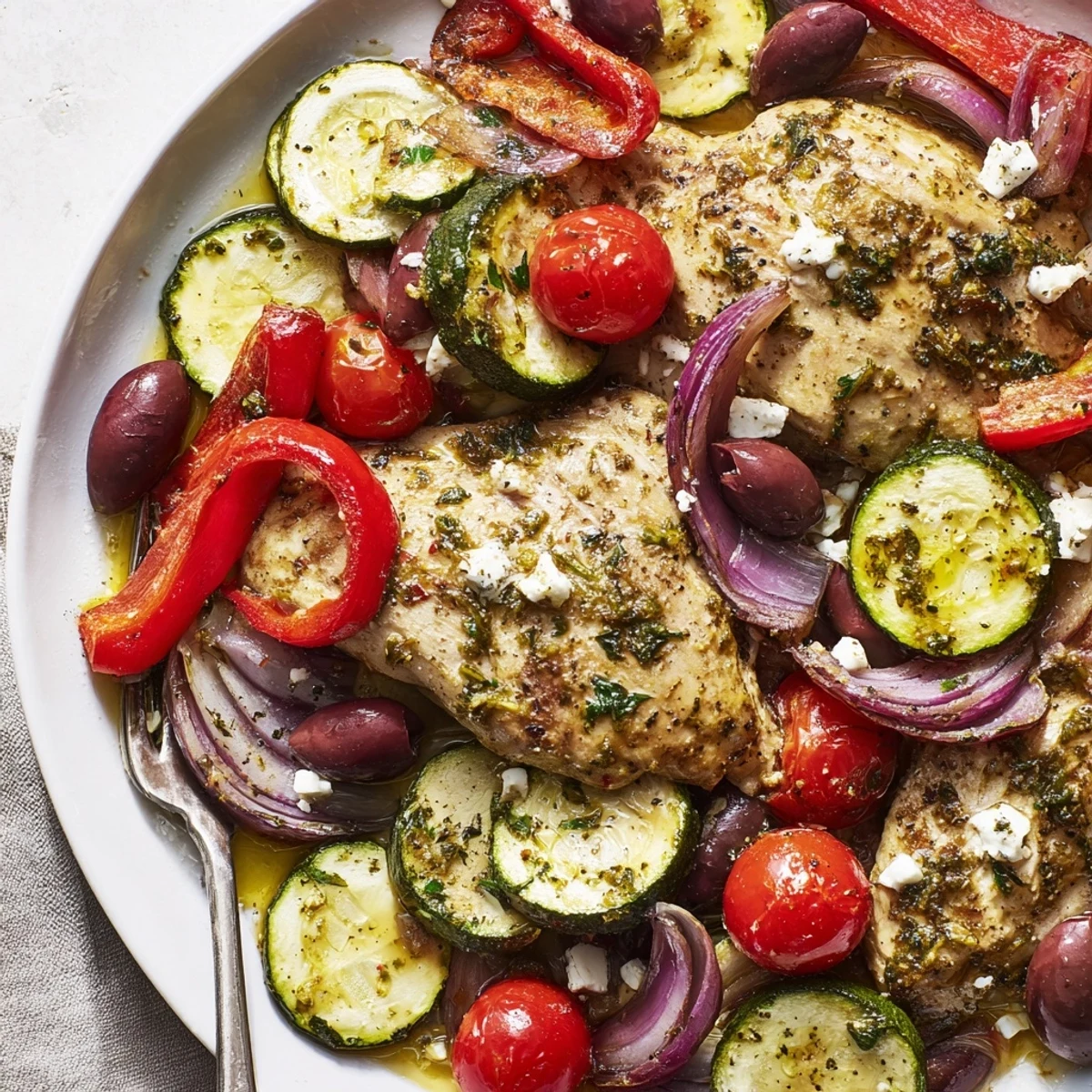 Caramelized edges on Sheet Pan Mediterranean Chicken Zucchini, served with warm pita.