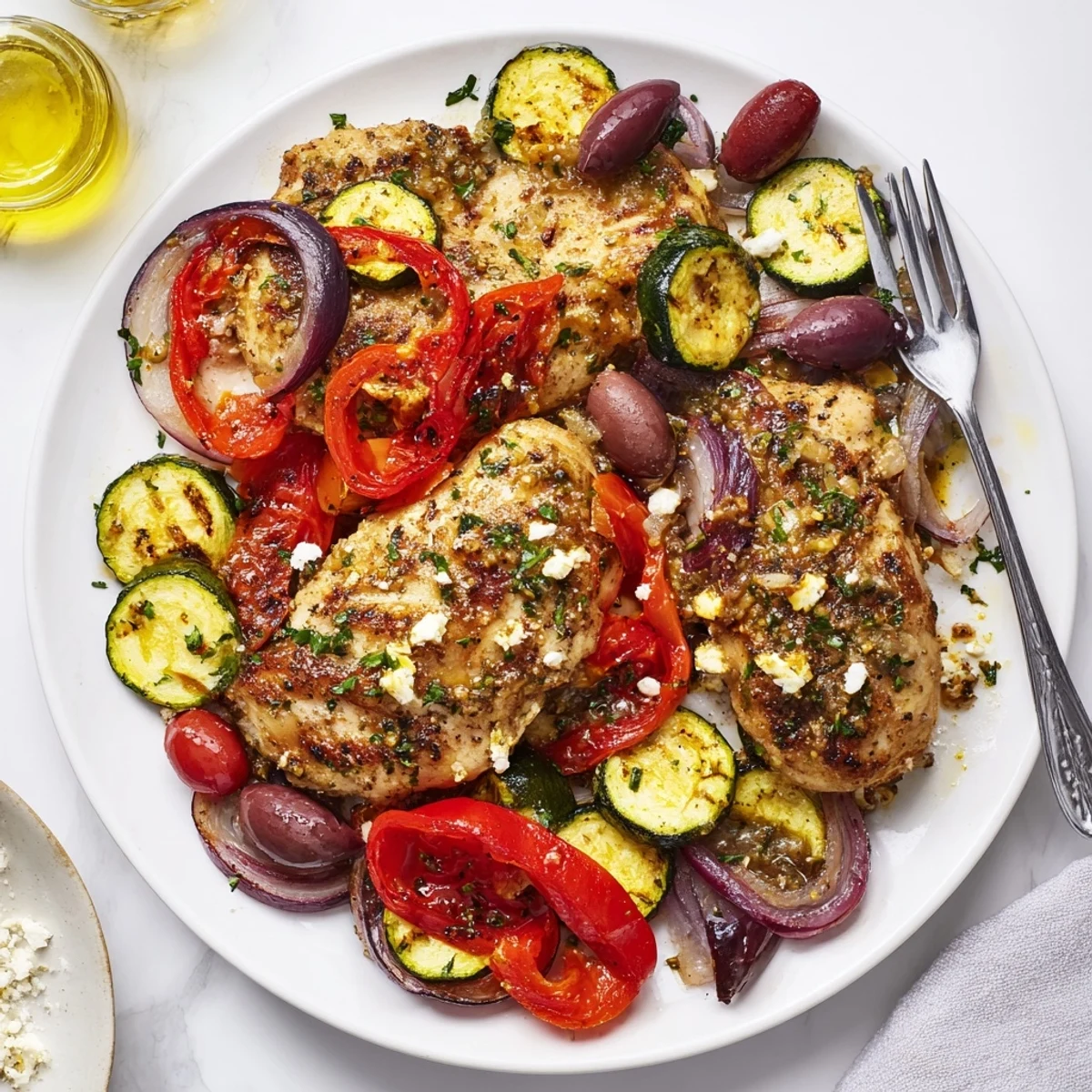 Bright, lemony Sheet Pan Mediterranean Chicken Zucchini with roasted peppers and olives.