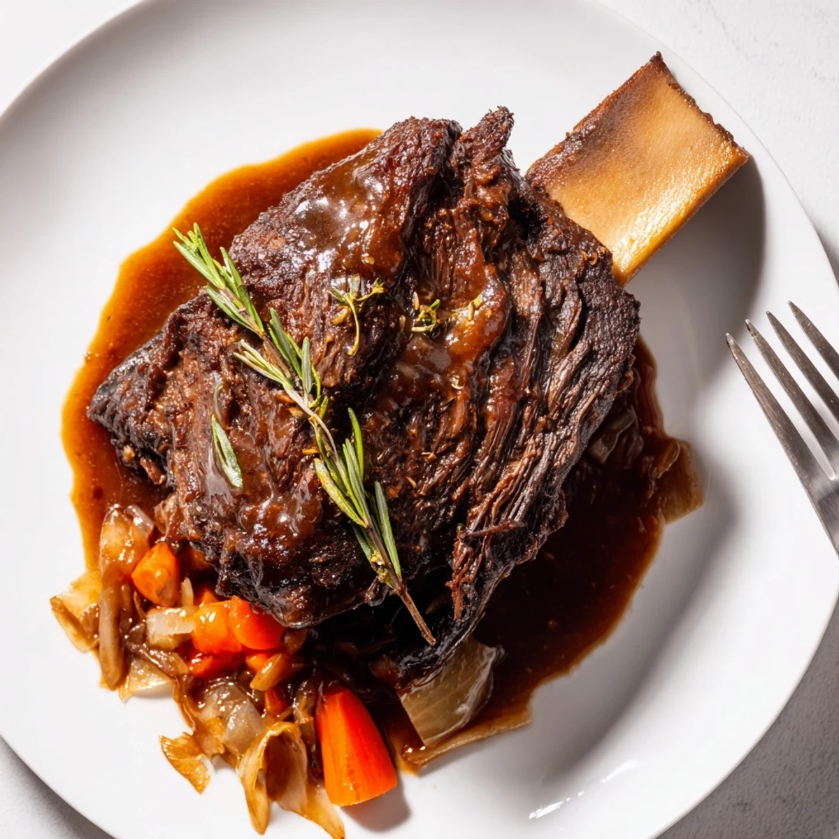 Aromatic Slow Cooker Beef Short Ribs with carrots and rosemary, ready to serve