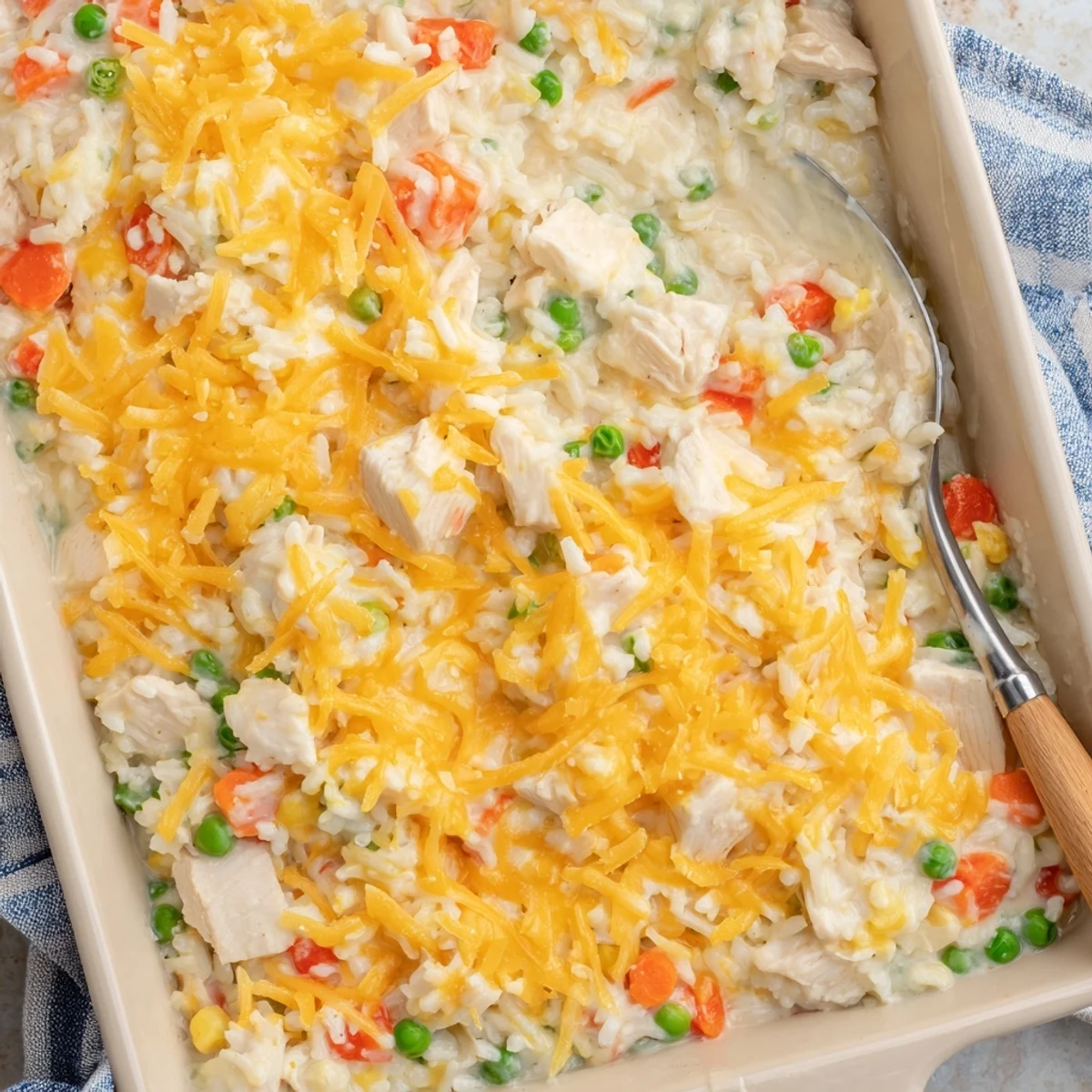 Golden bubbly creamy chicken and rice casserole topped with melted cheddar cheese