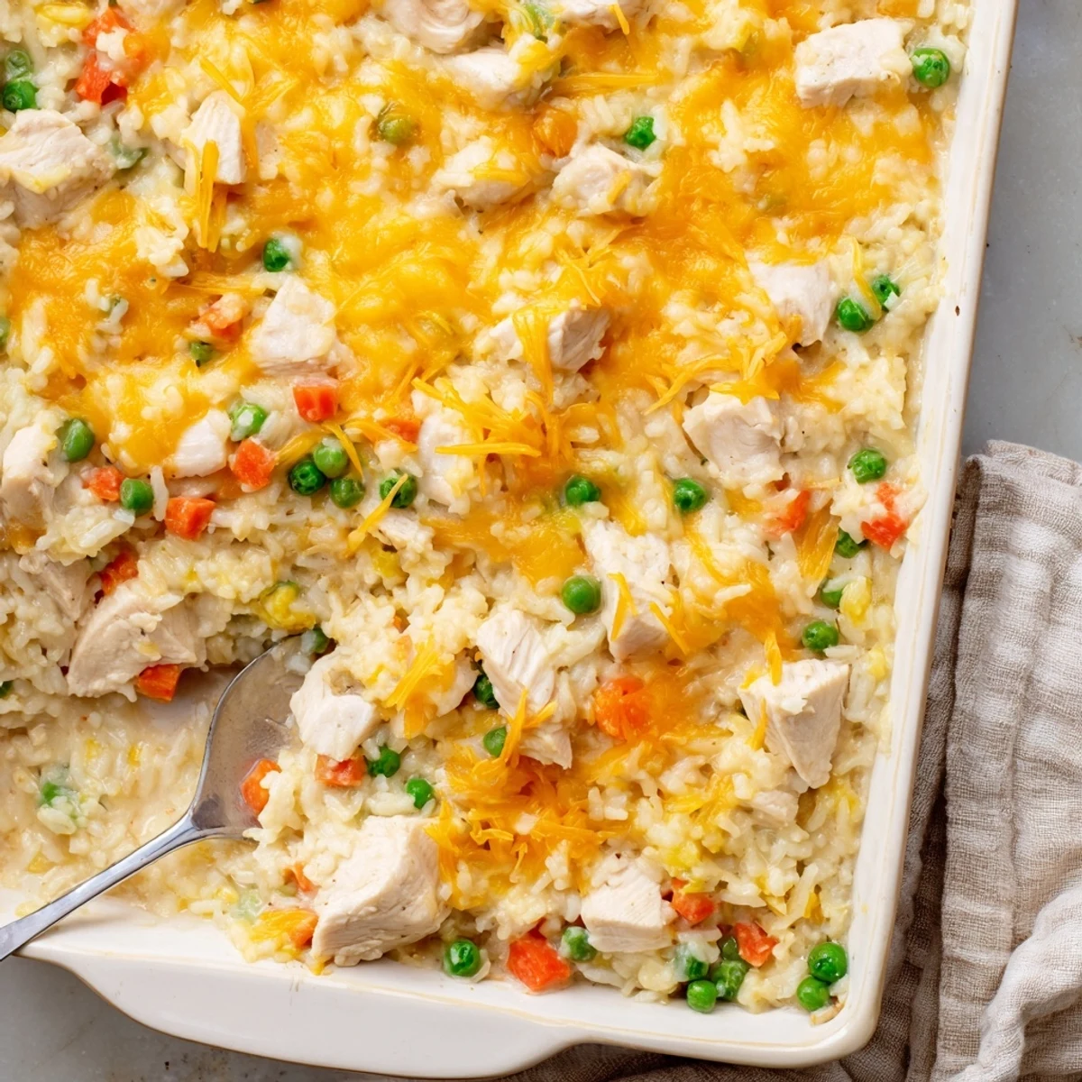 Scoop of cheesy chicken and rice casserole bake with golden brown crispy edges
