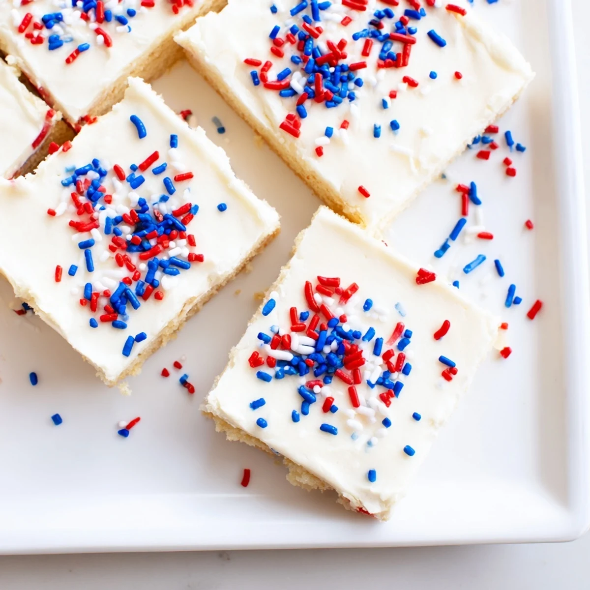 Golden sugar cookie bars layered with sweet vanilla frosting and patriotic star sprinkles ideal for your 4th of July dessert table