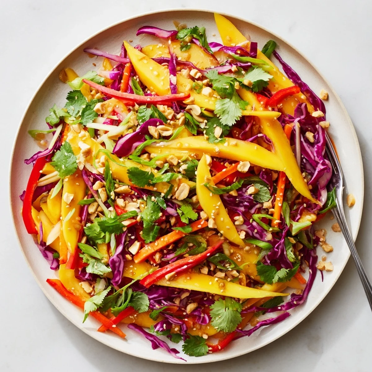 Colorful refreshing mango slaw featuring julienned mango, red cabbage, and crisp vegetables tossed in tangy lime dressing
