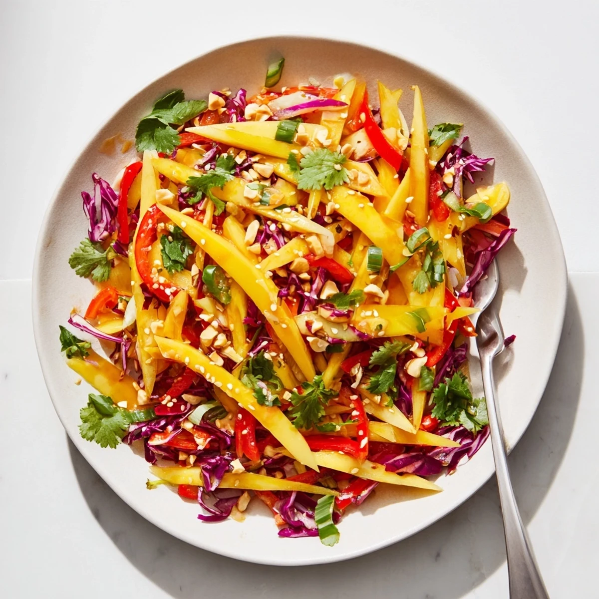 Vibrant tropical slaw with sweet mango, crunchy carrots, and bell pepper coated in zesty lime sesame dressing